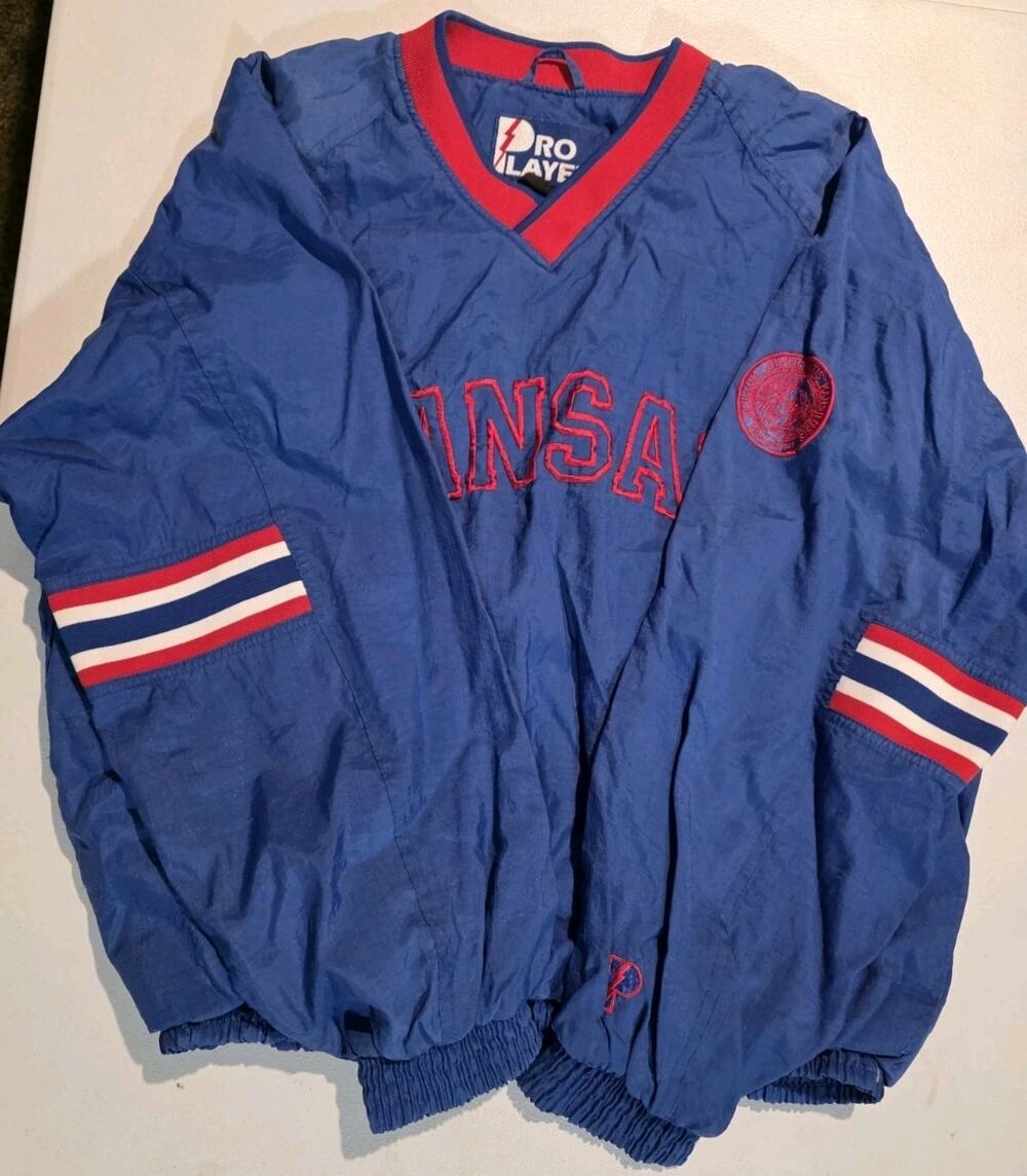 VTG Kansas Jayhawks Basketball Pullover Windbreaker Mens L Pro Player Blue KU